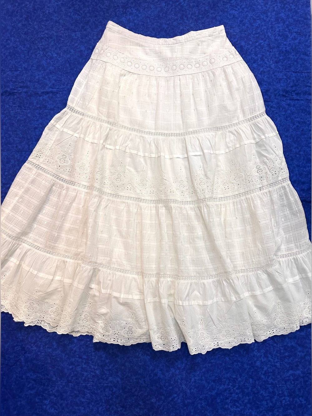 Ivory White Eyelet Lace Maxi Skirt Womens 10 Cottagecore Boho Tiered Long Cotton